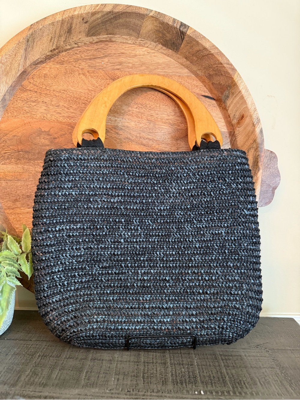 Woven Black Straw Tote with Wooden Handles